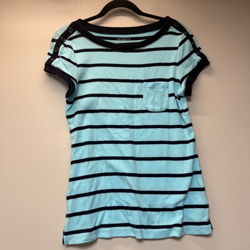 Talbots Weekend‎ Tee Women Mp Blue Striped Excellent Button Shoulder Pocket Top